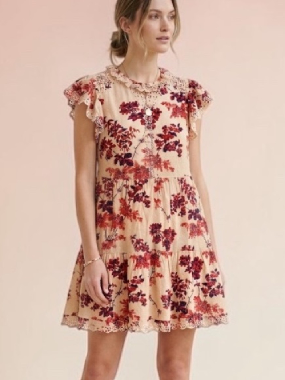 Sea New York Floral Eyelet Lace Ruffle Tiered Mini Dress Cotton Tan Navy Red 2